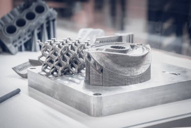 Adam metal 3D yazıcıya basılı nesne tutuyor. Nesne lazer sindirim makinesine basılmış. Metal tozundan modern 3D yazıcı baskısı. İlerici katkı maddesi DMLS, SLM, SLS 3D yazdırma teknolojisi