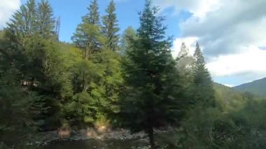 Dağlar arasında yol boyunca giden arabanın penceresinden bak.