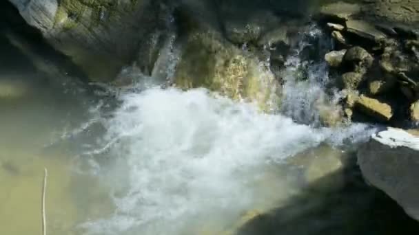 Pequeño y poco profundo río rocoso con rápidos y cascadas fluye en las montañas — Vídeos de Stock