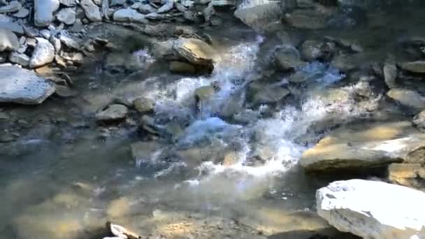 Malá a mělká skalnatá řeka s peřejemi a vodopády teče v horách — Stock video