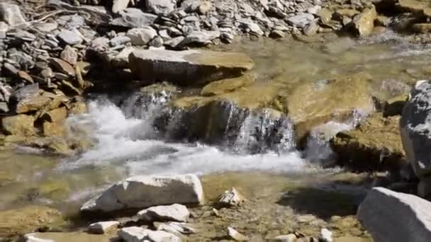 Мала і неглибока кам'яна річка з порогами і водоспадами тече в горах — стокове відео