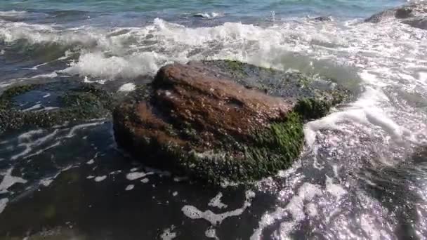 A tenger hullámai nagyon lassan futnak át a köveken a parton. — Stock videók