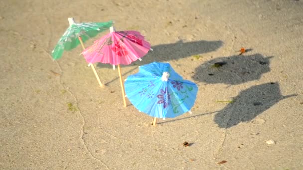 Malé plážové deštníky z papíru pro koktejlový stánek v písečné pláži — Stock video