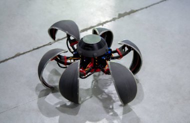 Uzaktan kumandalı küçük bir robot hareket ediyor. Radyo kontrollü robot. Küçük robot topa dönüşüyor ve bıçakların üzerinde hareket ediyor. Teknoloji mühendisliği. Yeni sanayi robotları. Akıllı teknolojiler. Robotize edilmiş yenilikçi