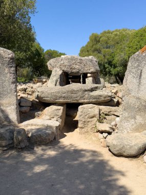 Olbia yakınlarında ağaçlar ve kuru manzarayla çevrili tarih öncesi dev mezarları.