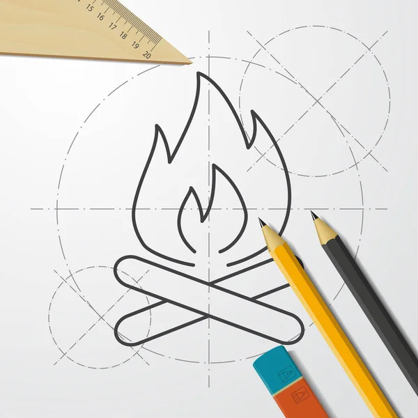 Ilustrasi api unggun yang membakar. Ikon vektor keliling dan kamping - Stok Vektor
