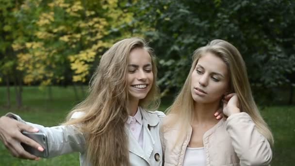 Duas mulheres loiras glamourosas estão tirando uma selfie — Vídeo de Stock