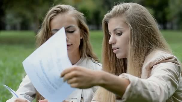Teenage girls doing homework in the park — Stock Video