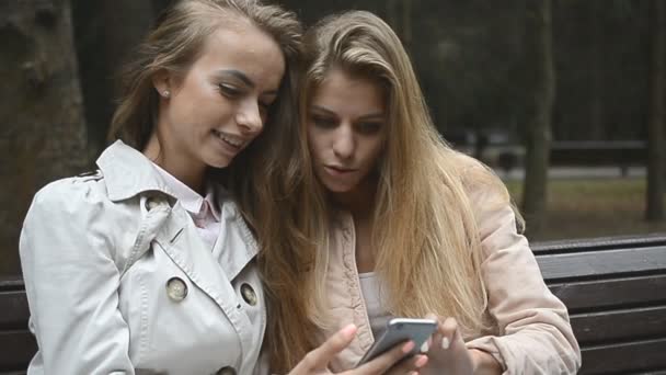 Amigos, dos chicas usan el teléfono móvil juntas — Vídeo de stock