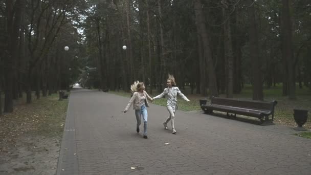 Dos mujeres jóvenes corriendo en el parque — Vídeo de stock