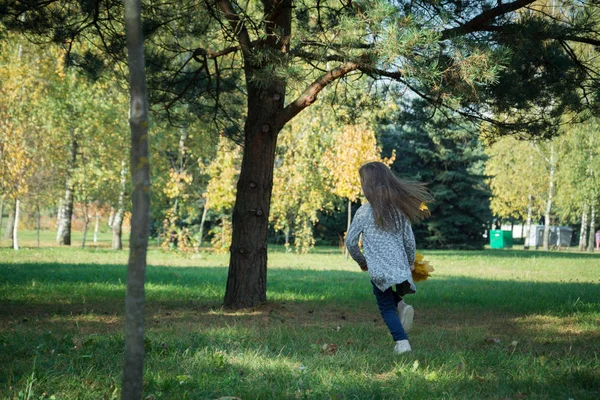 Petite fille retour courir sur l'herbe verte — Photo