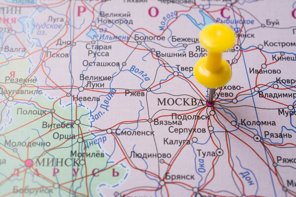 Moscow pinned on a map. Translate: Moscow, Minsk Tula