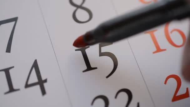 Een Dag Een Kalender Ondertekening Van Rode Marker Vijftiende Datum — Stockvideo
