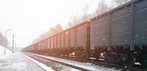 Tren sobre vía férrea nevada —  Fotos de Stock