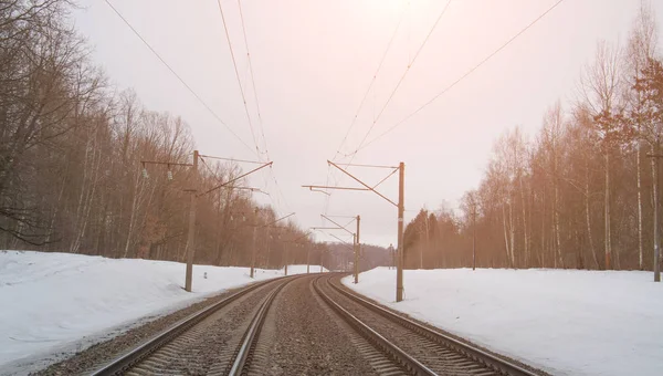 Las vías del tren en niebla de invierno —  Fotos de Stock