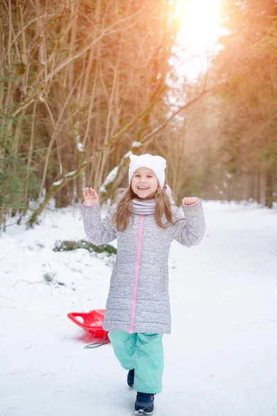 小さな女の子がそりを引いてください。 — ストック写真