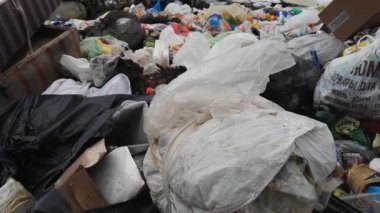 Minsk, Beyaz Rusya - 5 Mart 2019: Plastik şişe ve çantalar doğa çöp dökümü görünümünü yakından