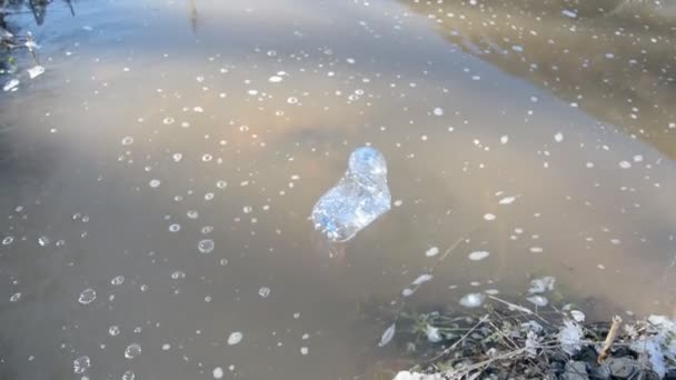 Ρύπανση των υδάτων - πλαστικά μπουκάλια στο βρώμικο νερό — Αρχείο Βίντεο