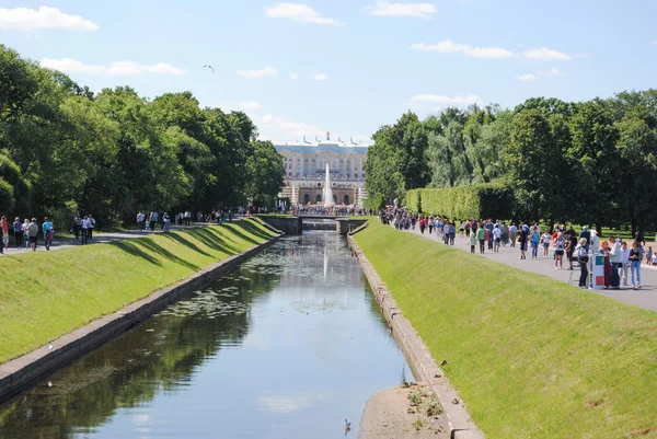 PETERHOF, RUSIA - 01 DE JULIO DE 2011: Gran Cascada y gran canal marítimo en el Parque Inferior del Palacio Peterhof . — Foto de Stock