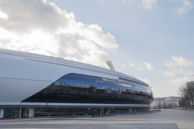 Minsk, Beyaz Rusya - Mart, 19, 2019: Dinamo Stadyumu, önemli futbol tesis şehir Minsk ve Beyaz Rusya Modern parçası.