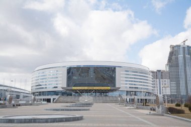 Minsk, Beyaz Rusya - Mart, 19, 2019: kış Minsk Arena bilinen spor kompleksi.