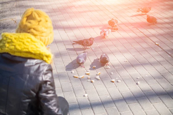 Giovane donna che nutre piccioni nel parco cittadino — Foto Stock