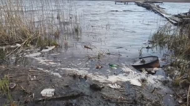 Plastikflaschen im verschmutzten Teichwasser — Stockvideo