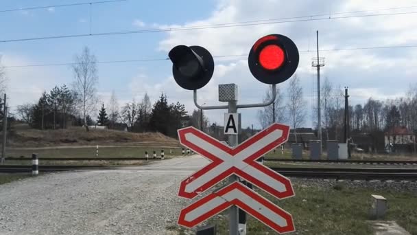 Железная дорога деревенский автомобиль остановка красный свет — стоковое видео