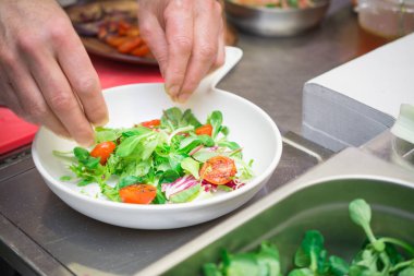 aşçı domates ile taze bir salata hazırlar