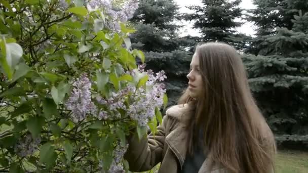 春天公园里靠近丁香树的女人 — 图库视频影像