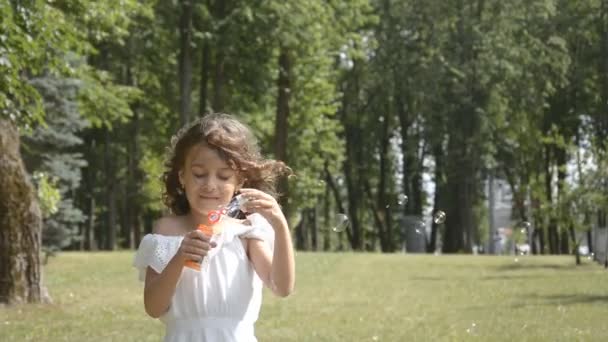 Liten Flicka Blåser Tvål Bubblor Parken Familj Kärlek Abstrakt — Stockvideo