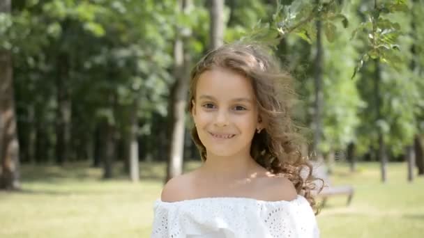 爱家庭抽象 有吸引力的小女孩肖像6岁微笑 看着相机在自然 城市公园夏天时间 — 图库视频影像