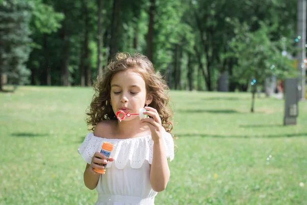 Una bambina che soffia bolle di sapone nel parco estivo — Foto Stock