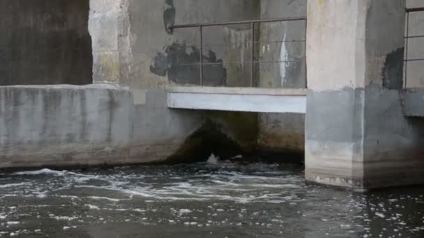 Pianka na wodzie po małej stacji hydroelektrycznej — Wideo stockowe