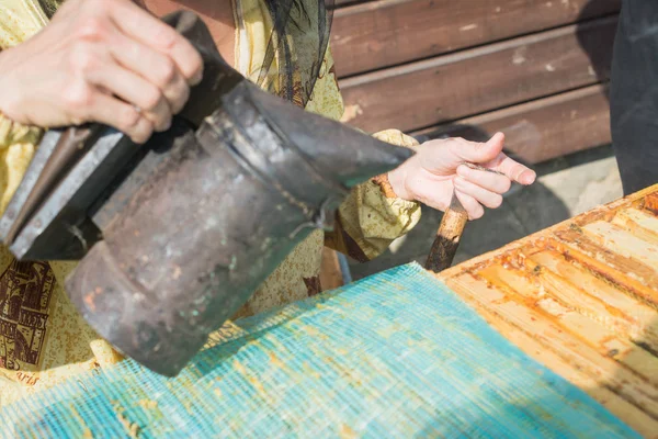 Ein als Imker verkleideter Imker mit Rauch in der Hand serviert Bienenstöcke mit Bienen — Stockfoto