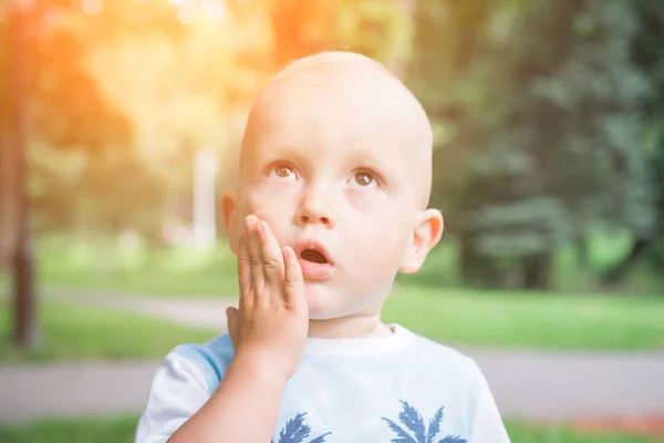 Retrato de lindo niño sentado en la hierba —  Fotos de Stock