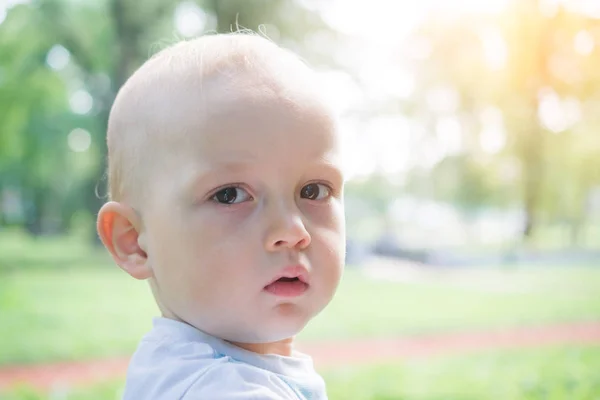 Portrait of cute little boy sitting on the grass — Stock Photo, Image