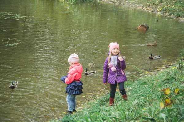 Deux petites filles à l'âge de cinq ans jouent dans le plaisir dans le parc d'automne — Photo