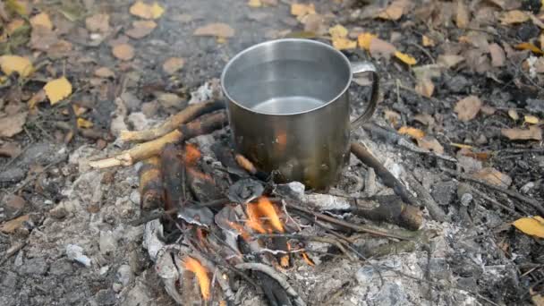 Caneca de metal com água na fogueira, jantar ou almoço no acampamento — Vídeo de Stock