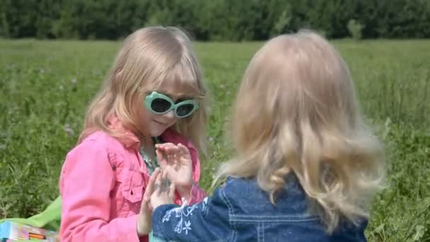 Dos niñas juegan en el parque en la hierba en un día soleado de verano — Vídeos de Stock