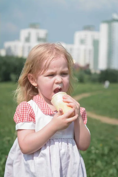 Trzyletnia Dziewczynka Stoi Zewnątrz Słoneczny Letni Dzień Lody Szczęśliwa Koncepcja — Zdjęcie stockowe