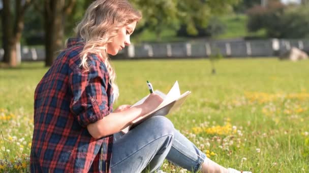Estudiante se relaja en el parque del campus en la rampa y hace notas importantes en su cuaderno — Vídeo de stock