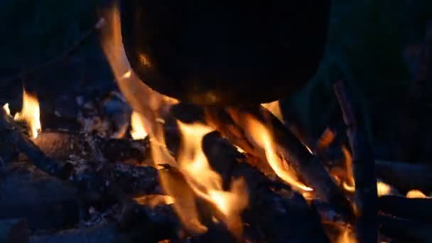 Camping - hervidor de agua sobre fogata de cerca — Vídeos de Stock