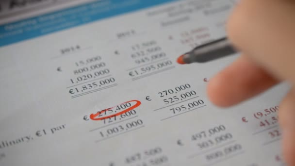 Empresário ou contador mão marcou o texto com um marcador vermelho Trabalha com documentos de dados de negócios — Vídeo de Stock
