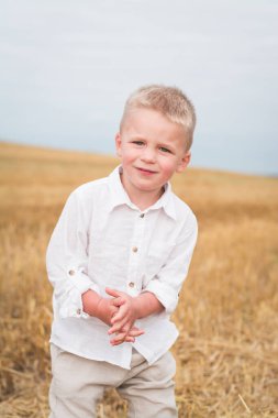 Buğday tarlasında küçük bir çocuk, mutlu aile kavramı