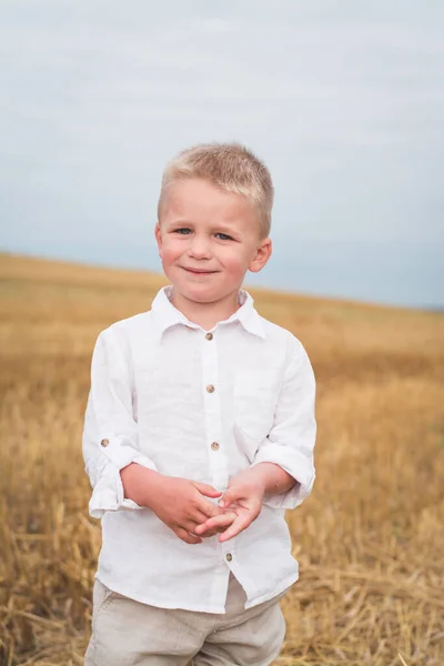 小麦の分野の小さな男の子 幸せな家族の概念 — ストック写真