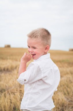 Buğday tarlasında beş yaşında küçük bir çocuk.
