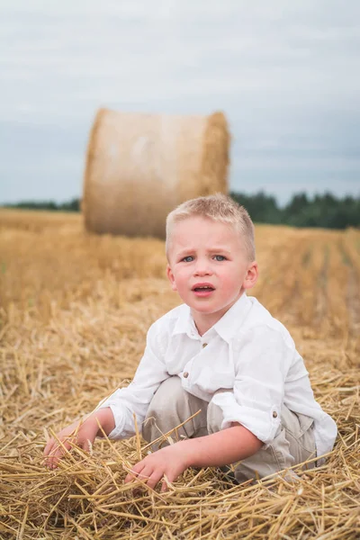 白いシャツのハンサムな男の子は小麦畑で撮影されています — ストック写真