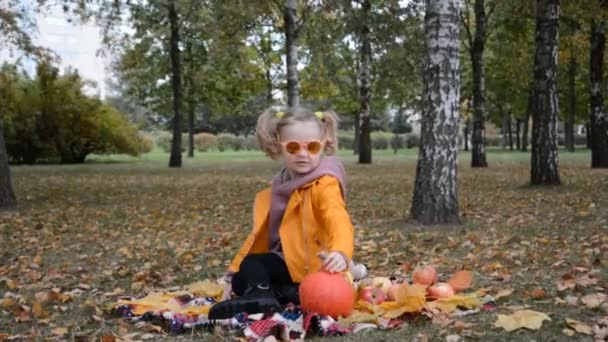 Liten flicka barn på en picknick — Stockvideo