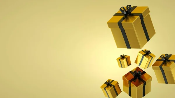 Altın Arkaplanda Kara Kurdeleli Hediye Kutuları. 3D görüntüleme. Yüksek Kalite Hazırlama.